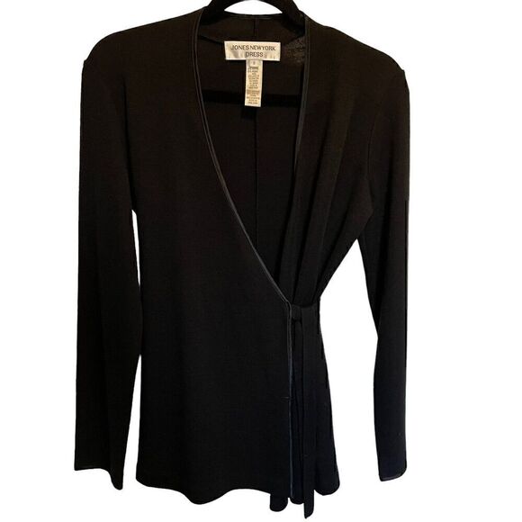 Jones NY Signature Black Wrap Dressy Tie Ribbon Trim Long Sleeve Sweater SIZE S - Picture 2 of 8